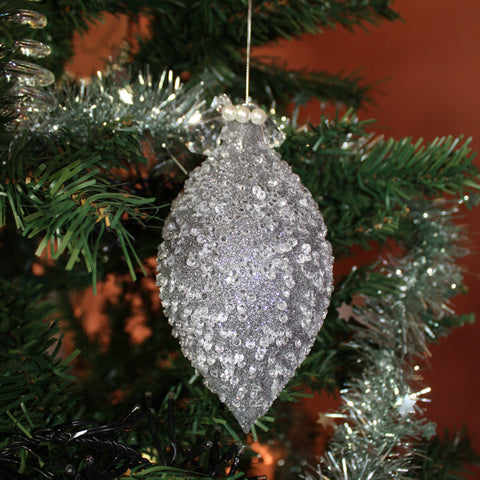 Kerstbal Druppel zilver met kralen en glitters - 2 stuks