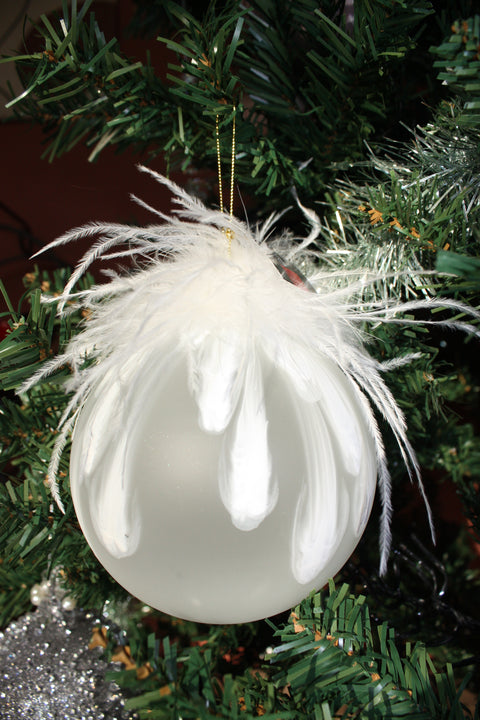 Kerstbal Veer wit 12cm - 1 stuk